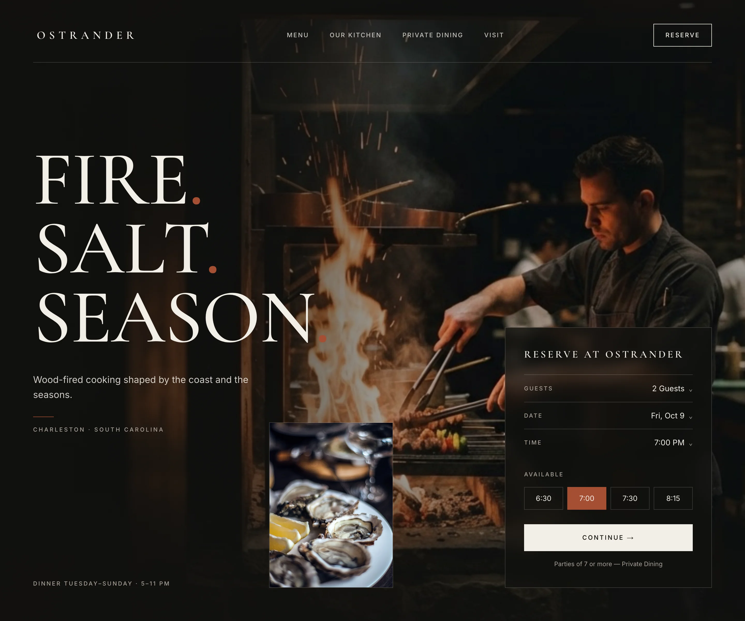 Ostrander restaurant website design with open reservation panel