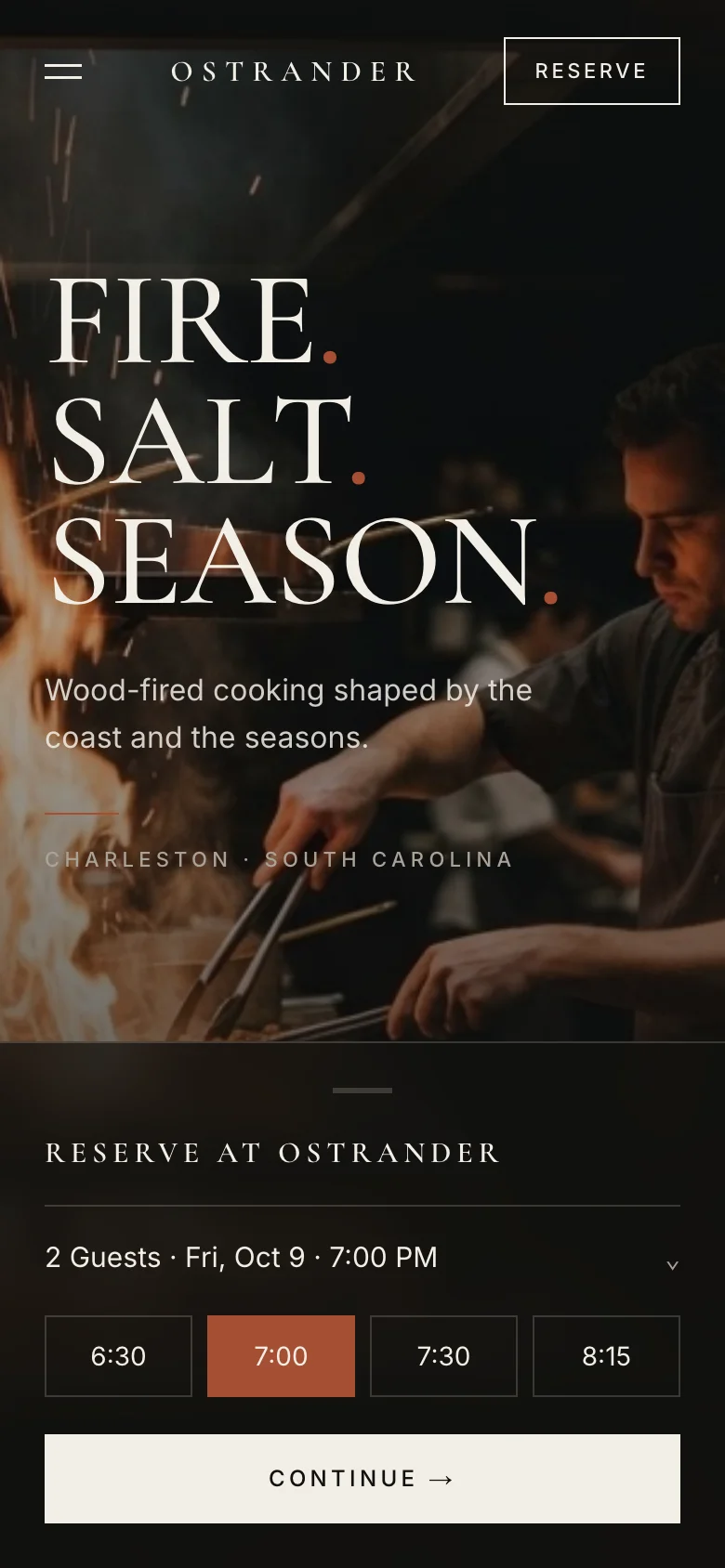 Ostrander restaurant mobile website design with reservation sheet