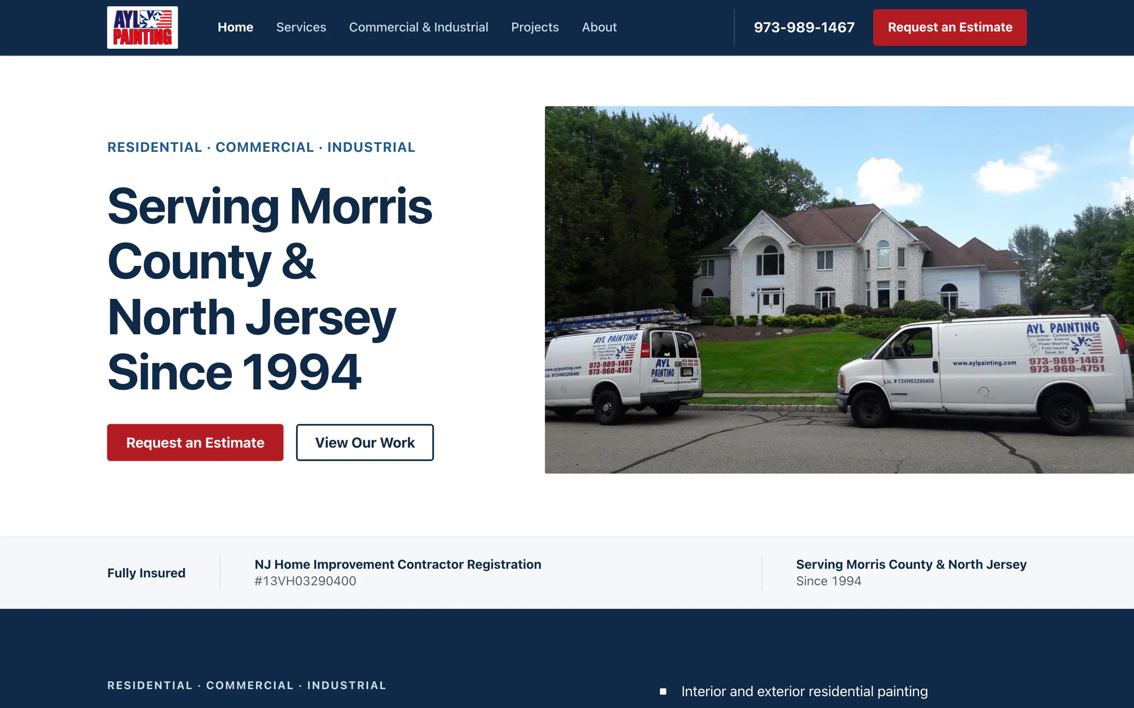 A.Y.L. Painting homepage before the upgrade, with a split text-and-photo hero