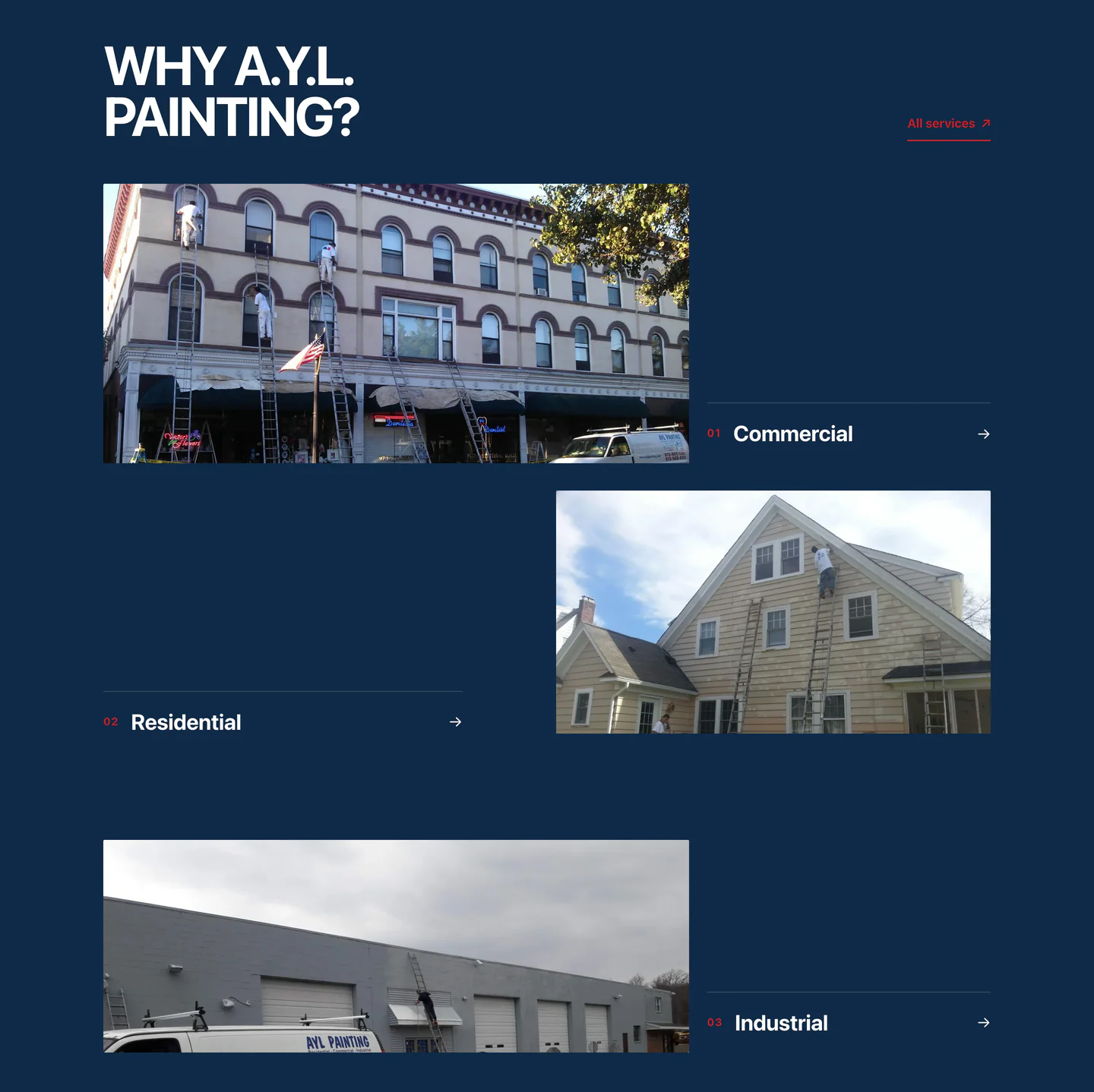 Upgraded homepage capabilities: large staggered photo panels, with Commercial first
