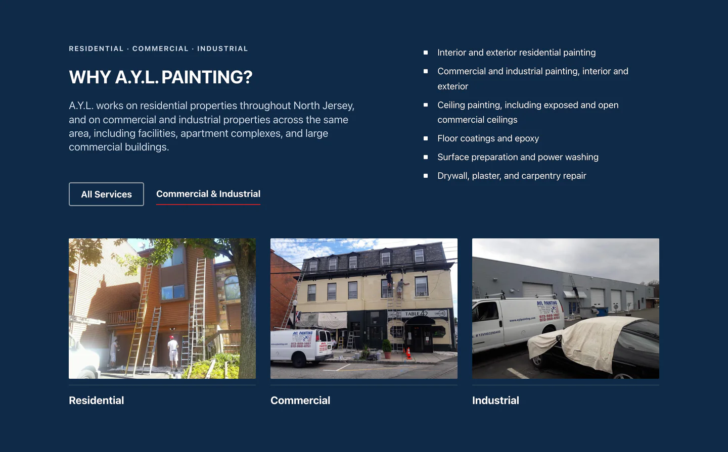 Original homepage capabilities: three small photo tiles, with Residential first