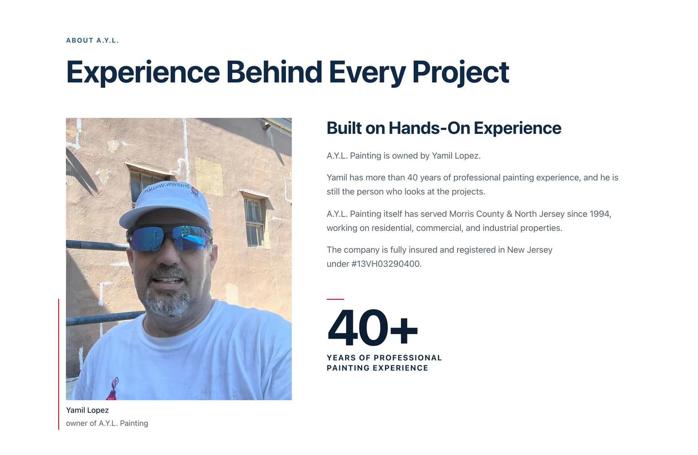 Upgraded About page with a framed portrait of Yamil Lopez and a 40+ years proof element