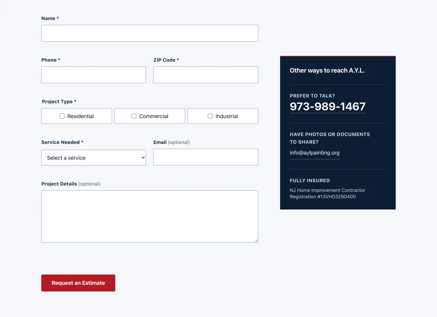Upgraded estimate form without the card, beside a squared contact panel