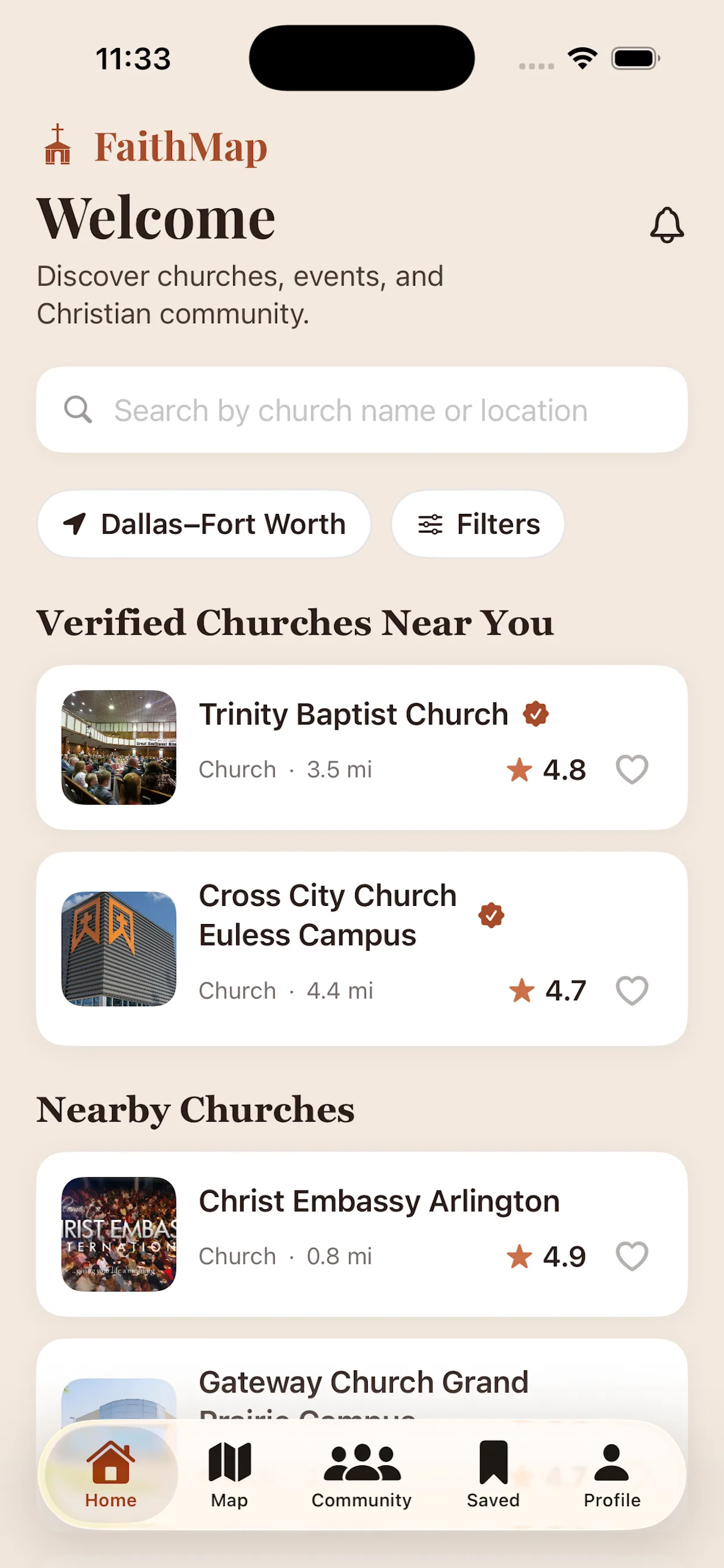 FaithMap iPhone app home screen showing nearby verified churches and discovery tools