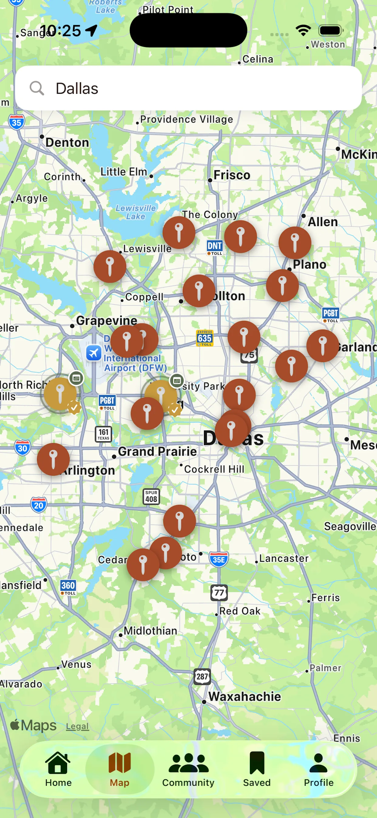 FaithMap iPhone app showing the church discovery map with nearby church locations
