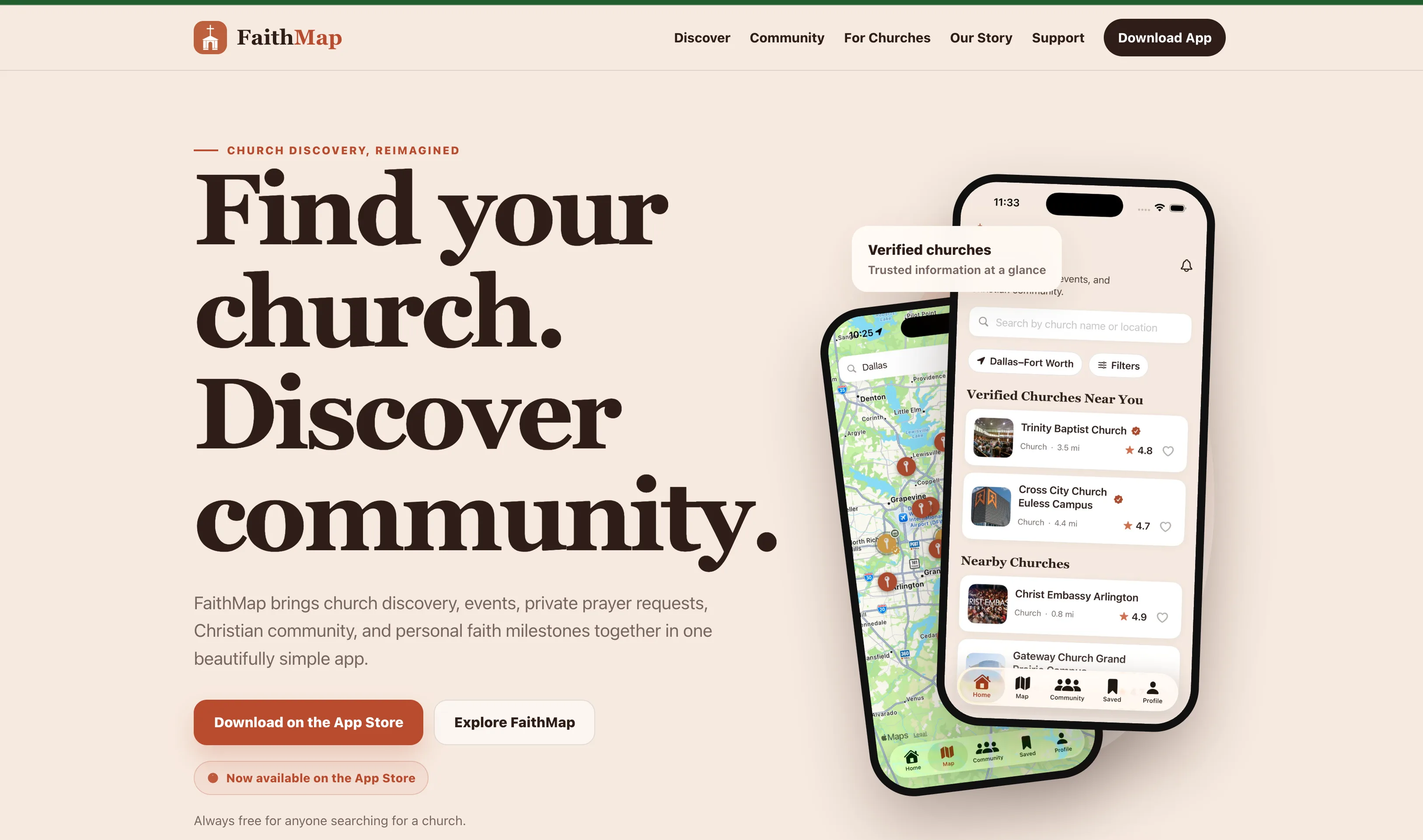 FaithMap.net homepage showing church discovery messaging and FaithMap app screens